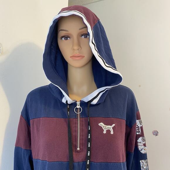 Victorias Secret Love Pink vintage y2k BLING Dog Logo ColorBlock hoodie Grunge M - Picture 7 of 11